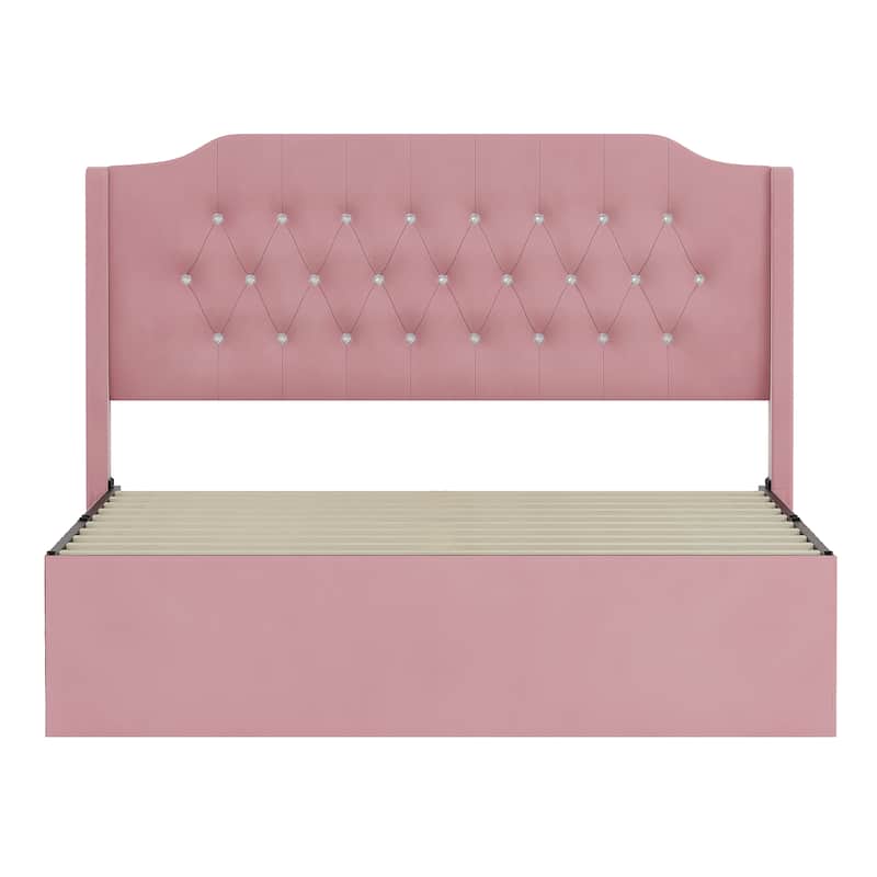 Tufted Upholstered Bed Frame with Crystal Button Accents, Bed Frame with Wingback Headboard and Under-Bed Storage Space