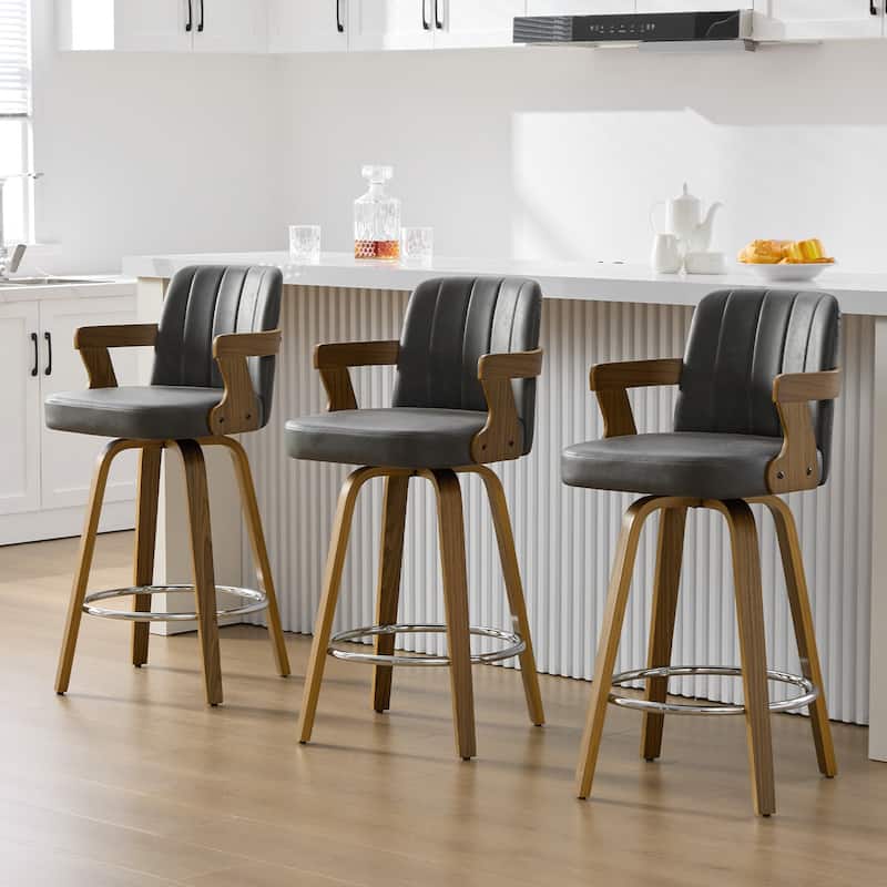 Upholstered Swivel Barstool with Arms and Bentwood Legs - 40.8"H x 18.9"W x 19.5"D/19.3"D