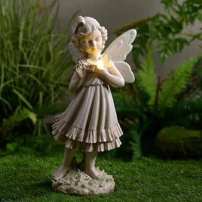 LED Solar Powered Girl Holding Butterfly Outdoor Garden Statue - 21"