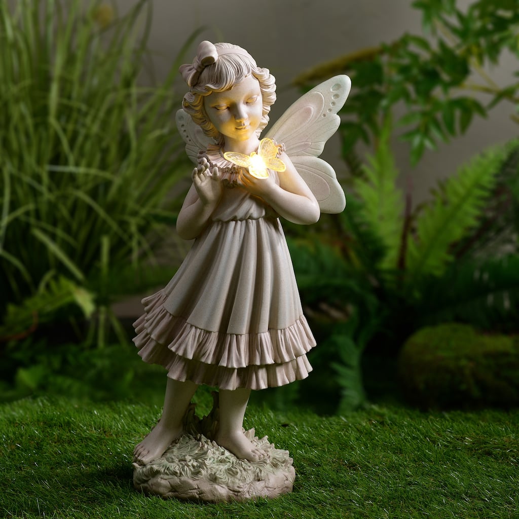 LED Solar Powered Girl Holding Butterfly Outdoor Garden Statue - 21"