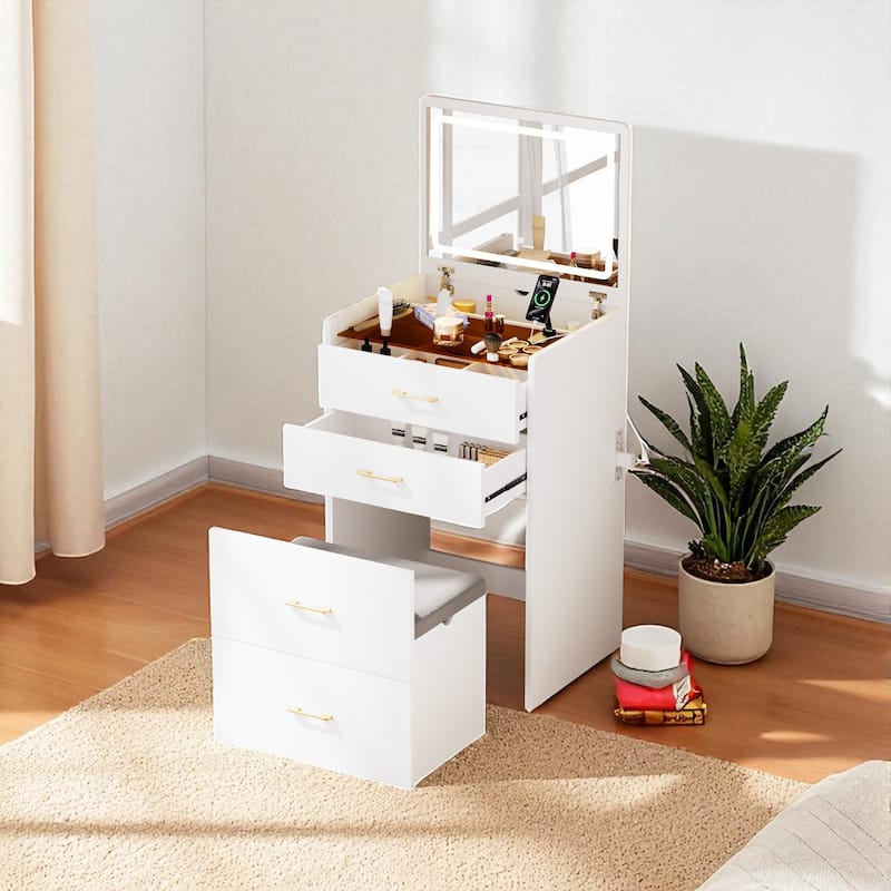 3 in 1 Vanity Desk with Flip Mirror, Glass Top Makeup Table with Charging Station, 3 Drawers & Stool for Bedroom - White