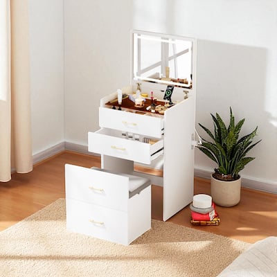 3 in 1 Vanity Desk with Flip Mirror, Glass Top Makeup Table with Charging Station, 3 Drawers & Stool for Bedroom