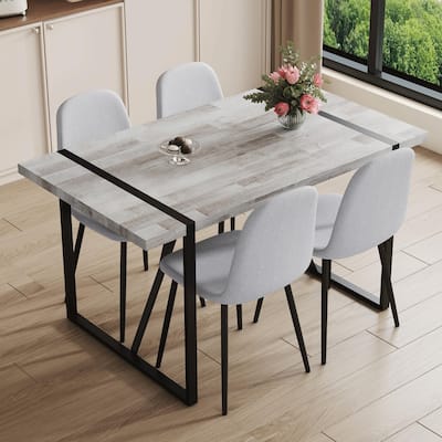 Roomfitters 5/7pcs Retro Dining Table Set with Textured Top and Linen Fabric Chairs, Black Metal Legs, Light Gray