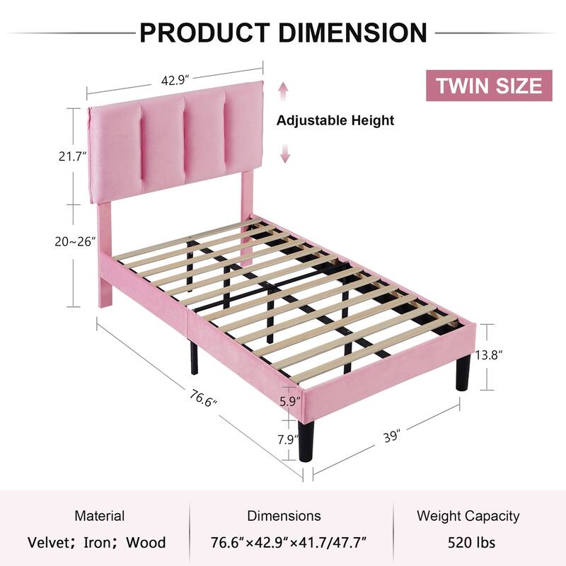 VECELO Pink Tufted Upholstered Platform Bed Frame with Adjustable Height Headboard Twin/Full/Queen Size Beds