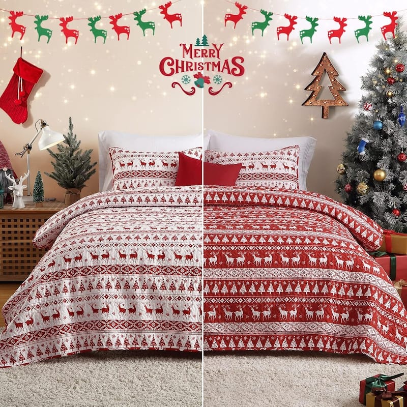 Reversible Bedspread Christmas Duvet Cover and Pillow Shams Set, Bedding Set - Queen