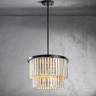 CraftHome Coastal Natural Capiz shells Round Chandelier 5-Light Modern Pendant Fixture in Matte Black for Dining Room - W20''