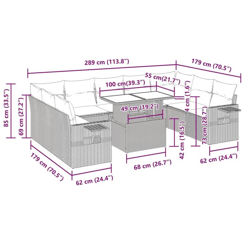 vidaXL 10 Piece Patio Sofa Set with Cushions Black/Gray Poly Rattan