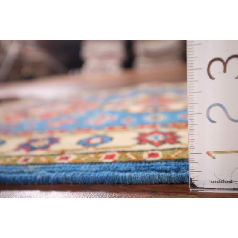 Blue Geometric Kazak Foyer Rug Hand-Knotted Wool Carpet - 2'0" x 2'11"