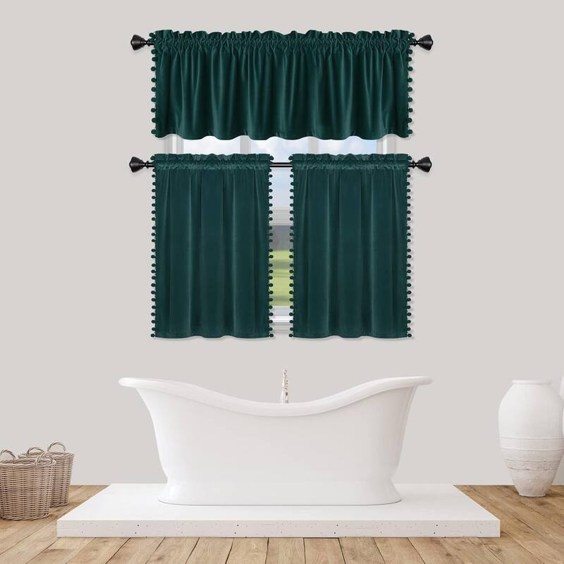 1Pc Christmas Window Valance, Super Soft Pom Pom Decor Velvet Curtain