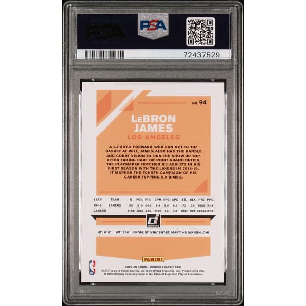 LeBron James 2019 Panini Donruss Basketball Card #94 Graded PSA 10