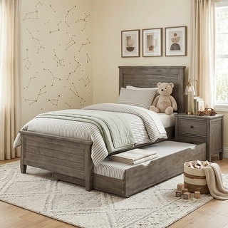 Furniture of America Lanister 2-Piece Wood Wire-Brushed Warm Grey Kids Panel Bed and Nightstand Set with Trundle