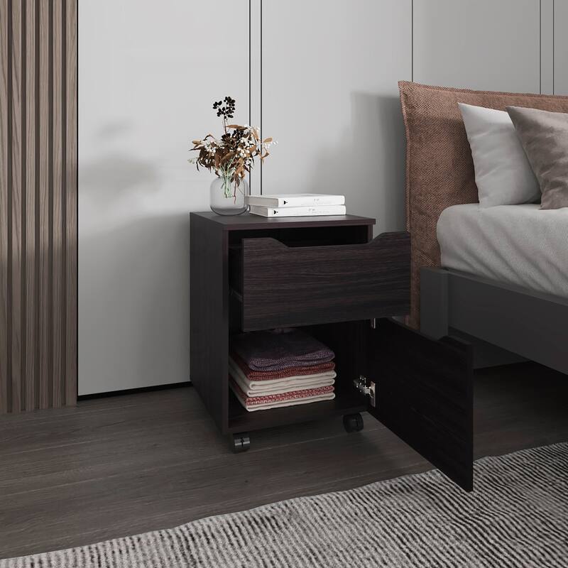 Stylish Wengue Nightstand with Versatile Storage and Mobility Feature