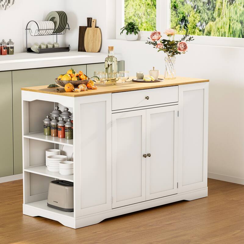 53" Mobile Kitchen Island Cart with Trash Can Cabinet, Spice Rack, Drawer & Towel Bar - Portable