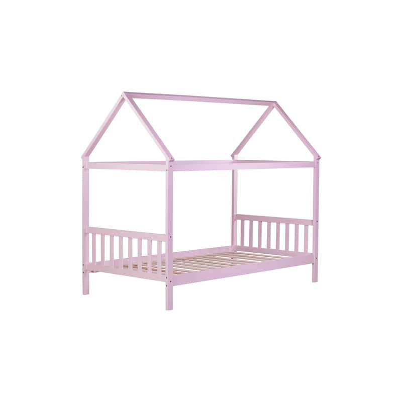 Pink Twin House Bed with Headboard and Footboard, Rubber Wood Frame, Space-Optimizing Design