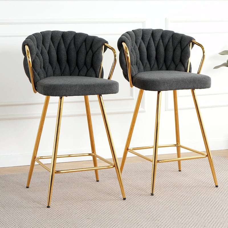 Contemporary Linen Bar Chair with Gold-Plated Legs (Set of 2)