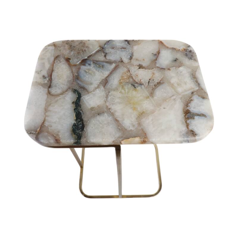 Modern Small Accent Table -Stone Top and Iron Base - 24", Gold & White - 24.0"