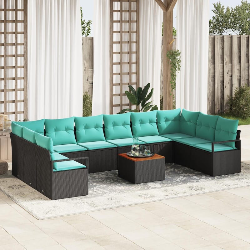vidaXL 11 Outdoor Sofa Set with Cushions Black/Grey Poly Rattan - 135.4 x 69.7 x 27.2 - Black