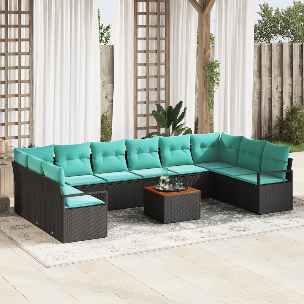 vidaXL 11 Piece Garden Sofa Set with Cushions Black Poly Rattan Acacia - 135.4×69.7×27.2