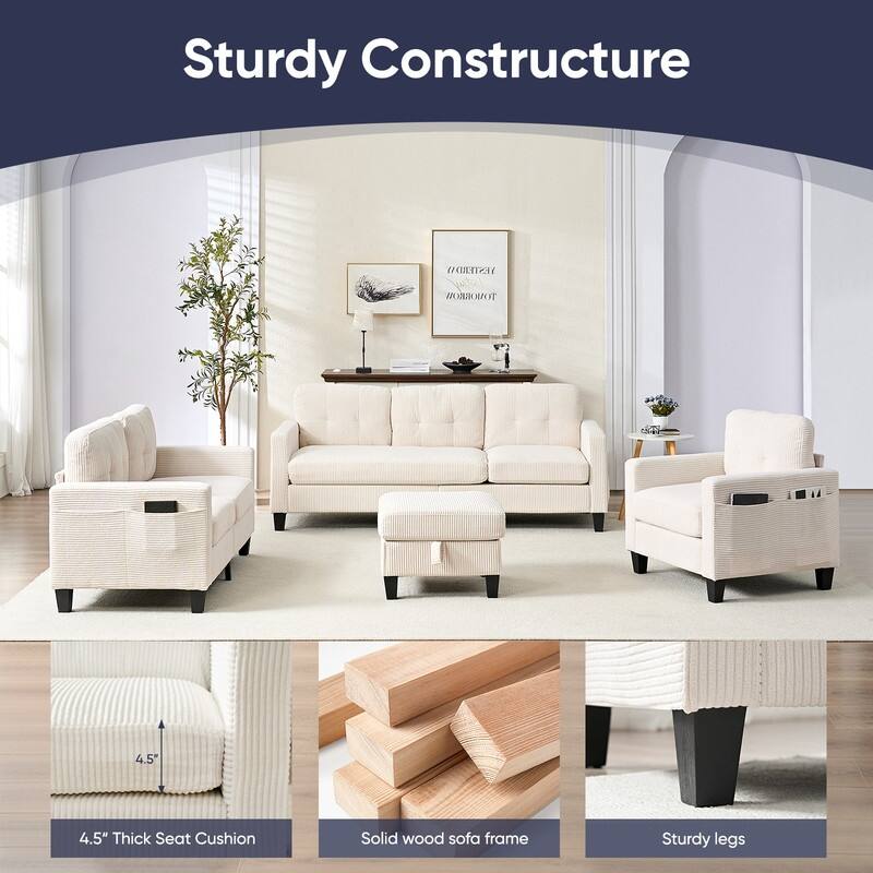 Mixoy 76'' L-Shaped Sofa Set,Corduroy Sectional Sofa,Mid Century 3-Seater Sofa with Storage Ottoman/Loveseat/Single Sofa