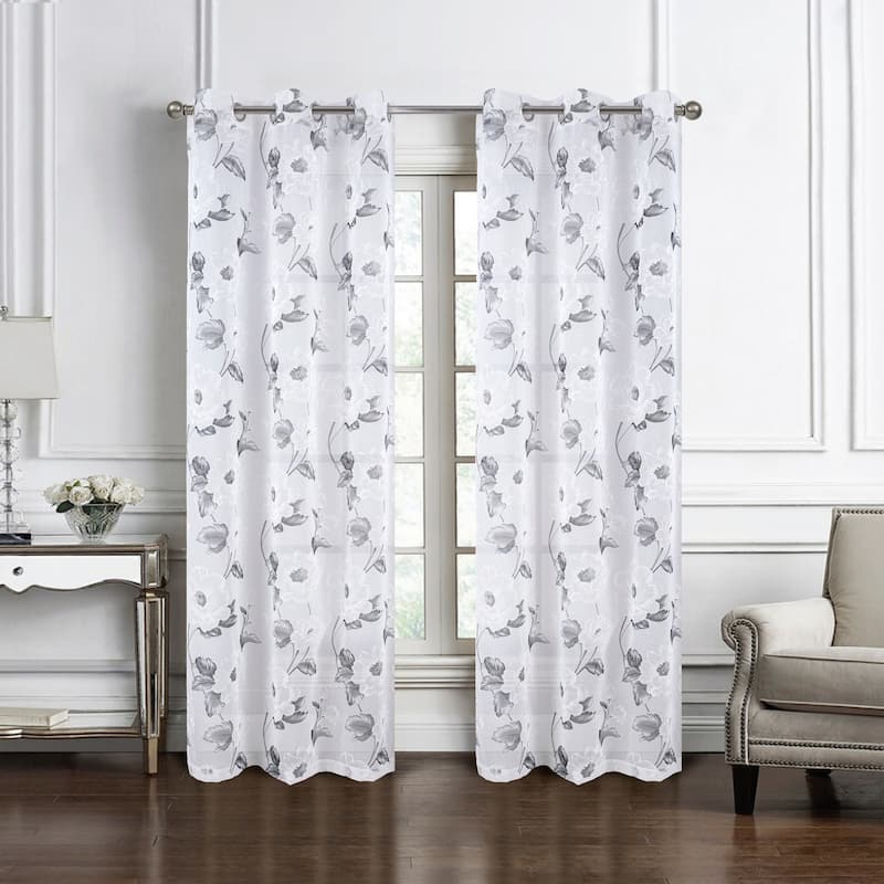 Ellie Floral Sheer Window Curtain Panel 84 inch or 95 inch - 54" x 95" - 95 Inches - Jillian - Grey