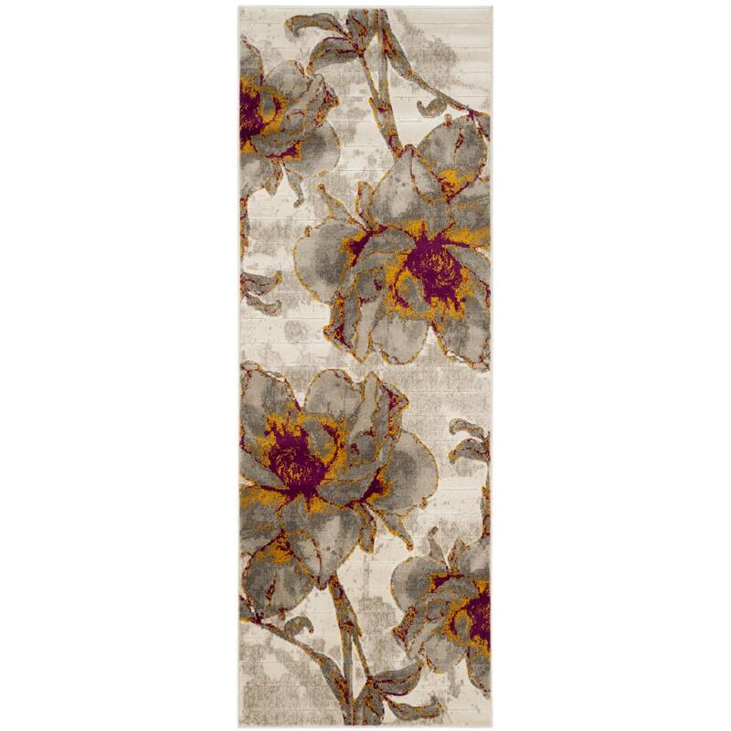 SAFAVIEH Porcello Jemima Modern Watercolor Floral Rug - 2'4" x 11' Runner - Ivory/Grey