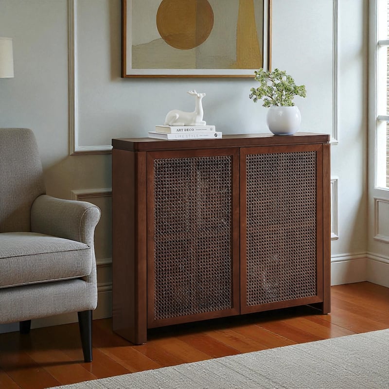 39.4" Mid-Century Modern Rattan Sideboard Buffet Cabinet with Outlet Holes, Retro Credenza Storage - Walnut