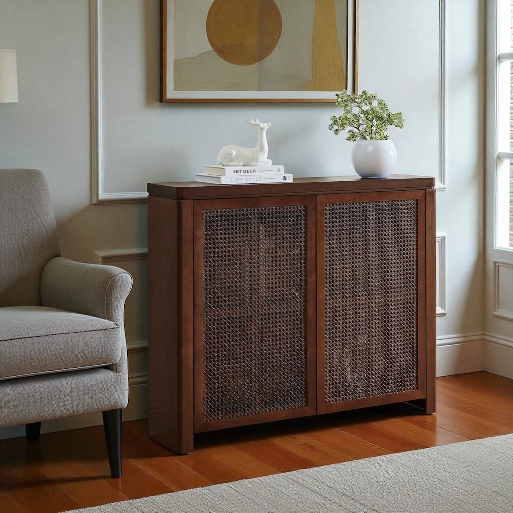 39.4" Mid-Century Modern Rattan Sideboard Buffet Cabinet with Outlet Holes, Retro Credenza Storage