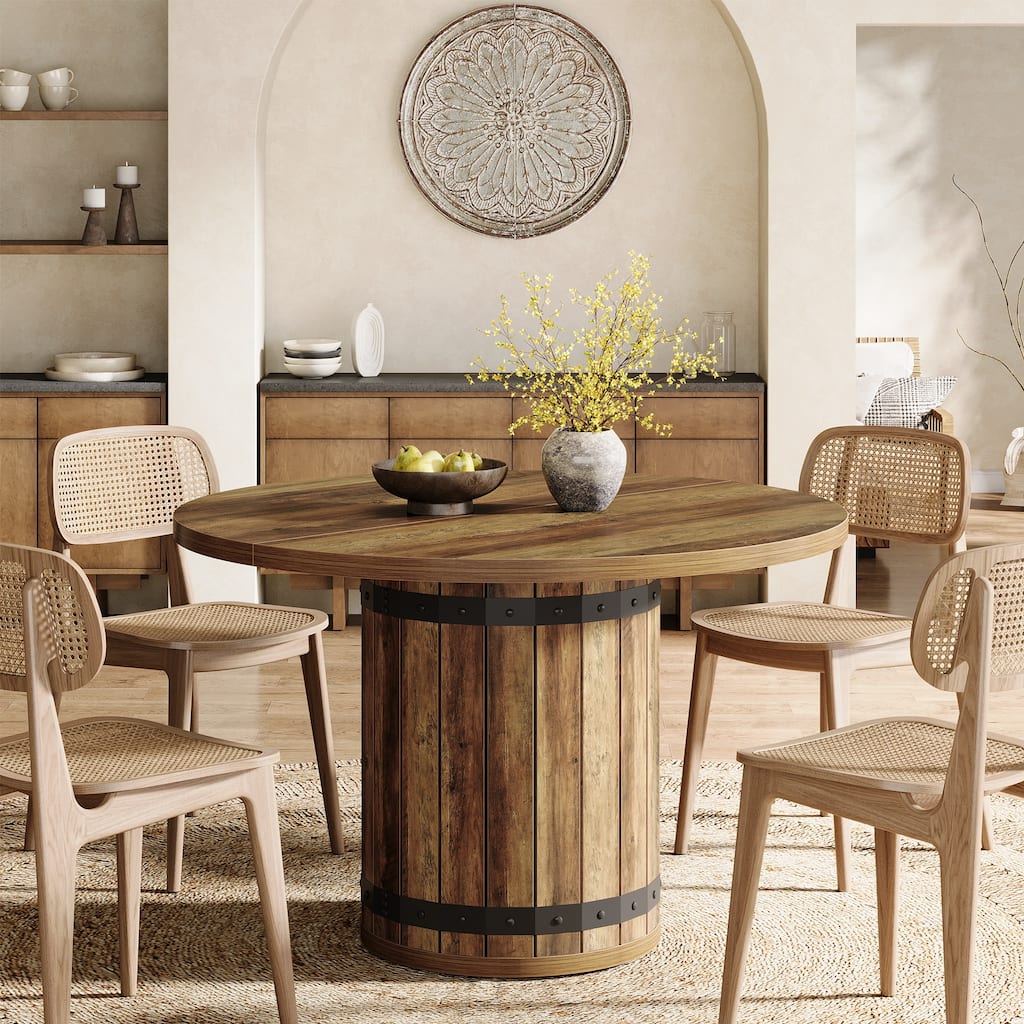 Wooden Round Dining Table with Fence Pedestal for 4 People