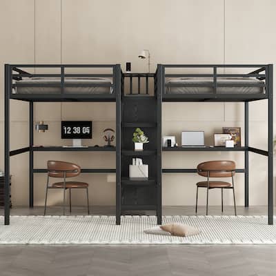 Black Twin Over Twin Loft Bed with Double Desk Wardrobe Shelves Power Outlet