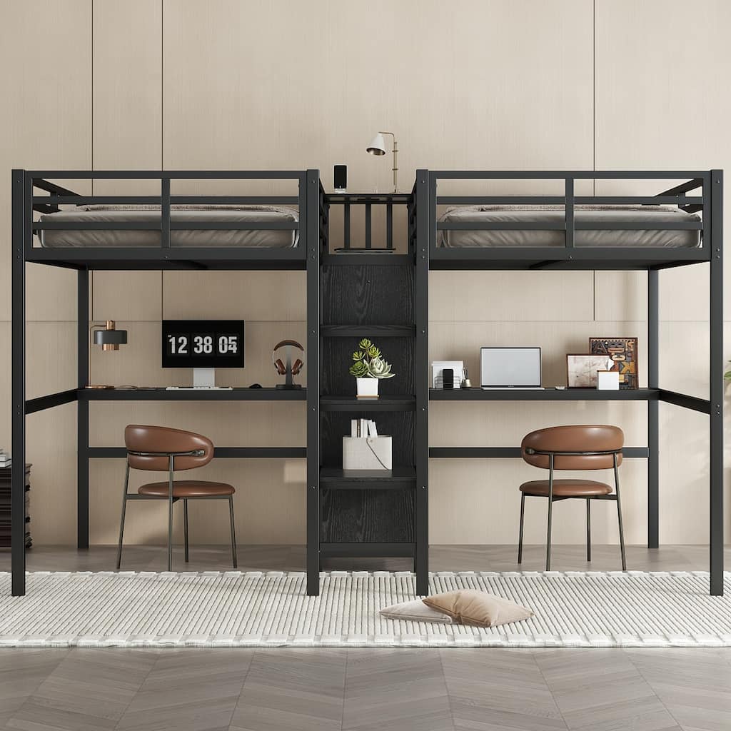 Black Twin Over Twin Loft Bed with Double Desk Wardrobe Shelves Power Outlet