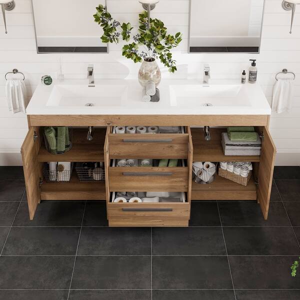 Eviva Lugano 72 in. W x 20 in. D Natural Oak Double Sink Bathroom Vanity with White Acrylic Integrated Top Sink