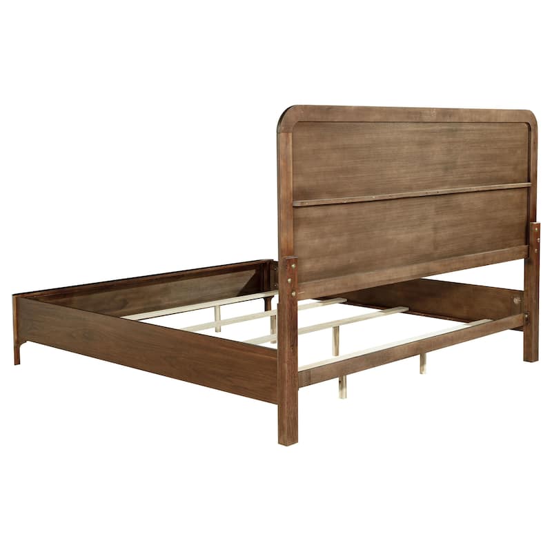 Rie Queen Bed, Taupe Gray Upholstered Headboard, Walnut Brown Wood