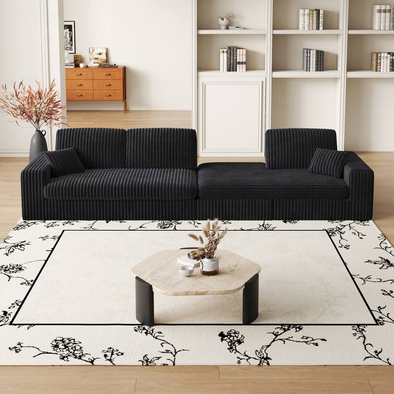 L-Shaped Sectional Sofa with Chaise Lounge, Corduroy Modular Foam Sofa, Upholstered Sofa with 2 Cushion & 2 Throw Pillows