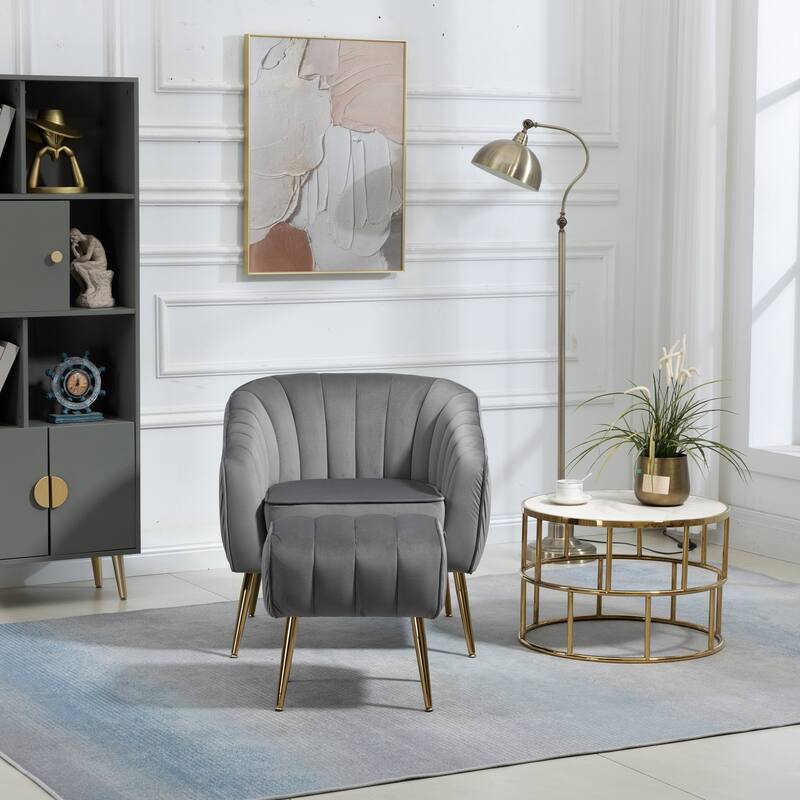 Velvet Accent Chair with Ottoman - Grey