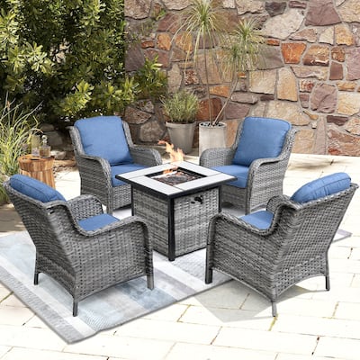 OVIOS Rattan Wicker 5-piece Patio Furniture Set Single Chairs With Fire Pit