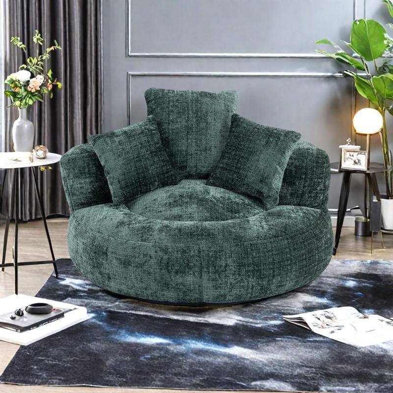 Chenille High Back Lazy Sofa with 3 Pillows and Oversized Bean Bag Chair - Emerald