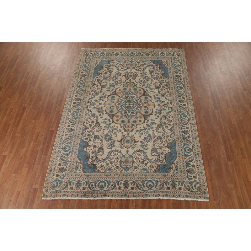 Distressed Beige Tabriz Vintage Persian Rug Hand-Knotted Wool Carpet - 7'10" x 10'11"