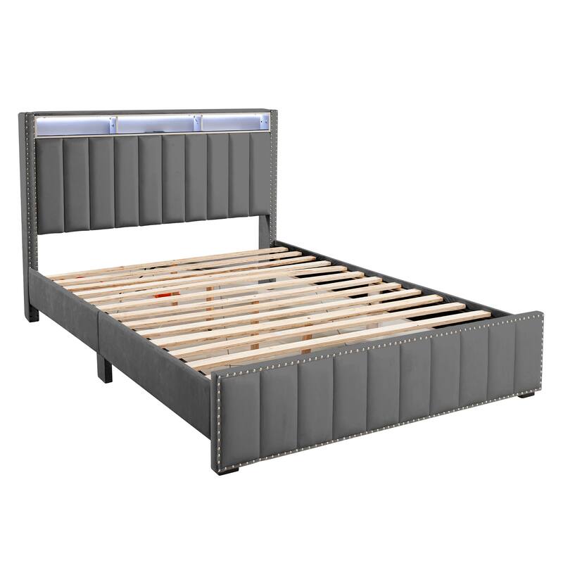 Contemporary Dark Gray Solid Wood Bed Frame with Open Compartments