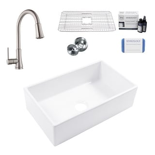 Sinkology Turner Crisp White Fireclay 30" Single Bowl Farmhouse Apron Kitchen Sink with Pfirst Faucet Kit