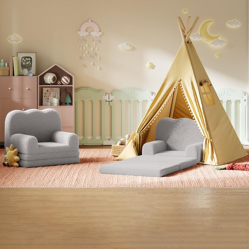 Kids Couch, 2-in-1 Convertible Teddy Fleece Fabric Toddler Sofa Chair