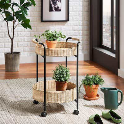 Giethoorn 18" 2-Tier Rattan Baskets Serving Cart with Black Metal Frame on Wheels by iNSPIRE Q Modern