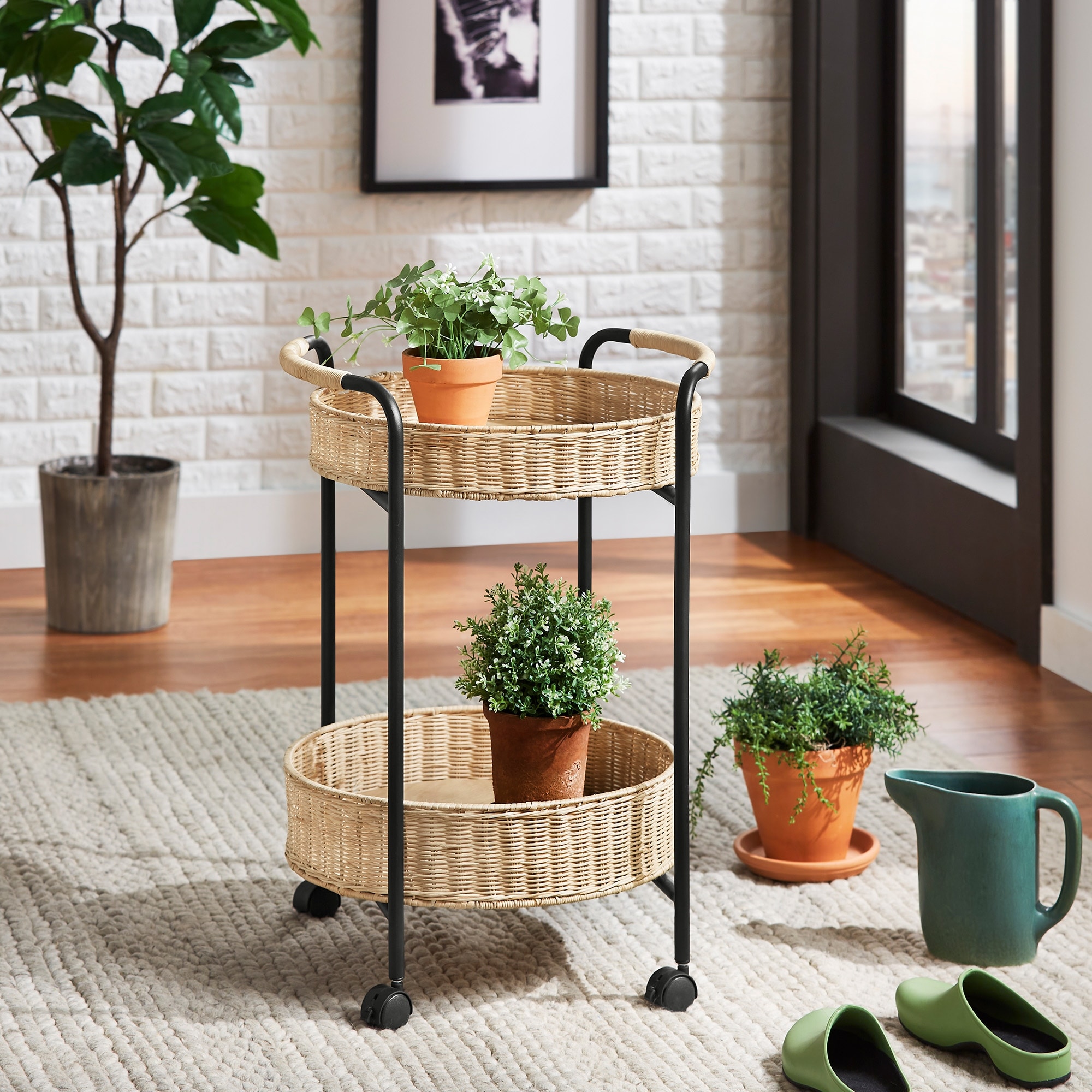 iNSPIRE Q Modern Giethoorn 18" 2-Tier Rattan Baskets Serving Cart with Black Metal Frame on Wheels