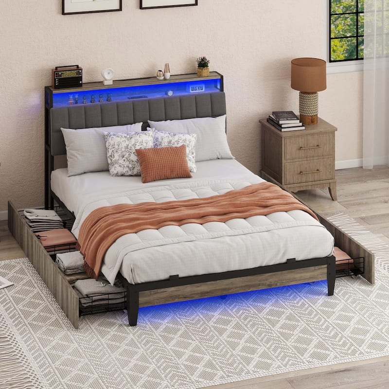 Upholstered Platform Bed with Charging Station and Storage Headboard