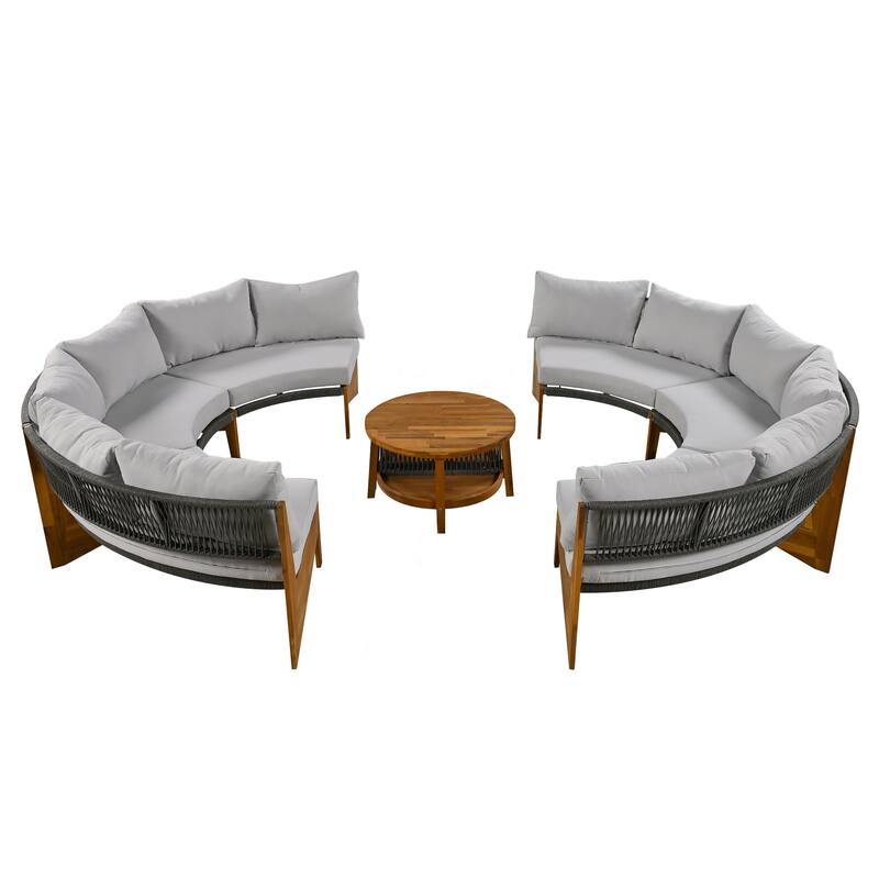 Outdoor Curved Sectional Sofa Set Half Moon Conversation Sofa Set with Acacia Wood Coffee Table and Cushions