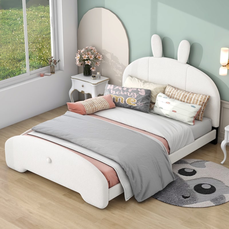 Full Size Upholstered Platform Bed with Cartoon Ears Shaped Headboard ...