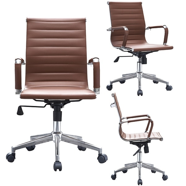 Mid Century Office Chair Ergonomic Executive PU Leather Wheels