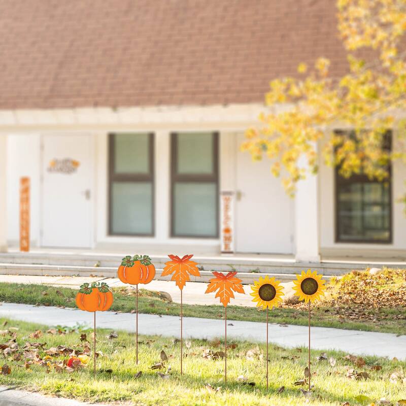 Glitzhome Fall Harvest Metal Yard Stake Hanging Decor for Thanksgiving (2-3 Functions) - Set of 6-Pumpkin, Leave & Sunflower