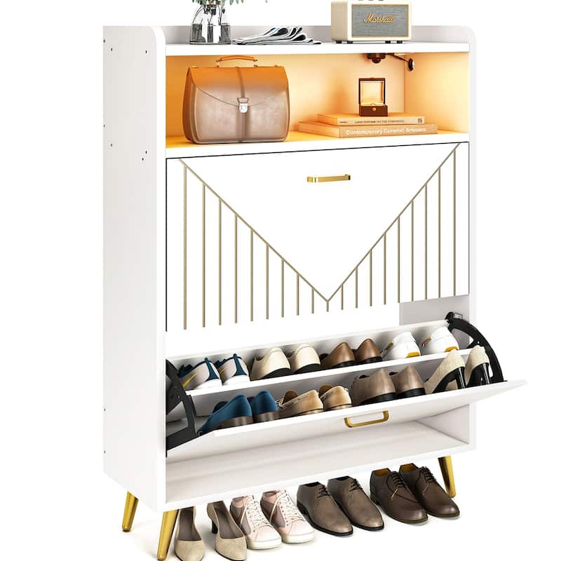 24 Pair Shoe Cabinet with Motion Sensor Light, Space-saving Slim Shoe Storage with 2 Flip Drawers Lighting for Entryway