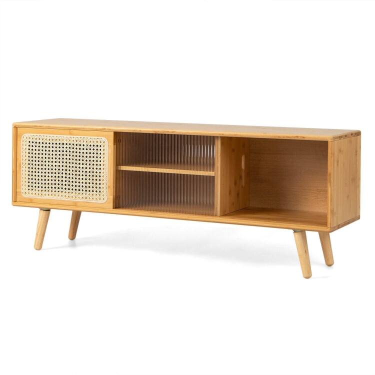 Modern TV Stand with Rattan and Glass Doors for Living Room Storage