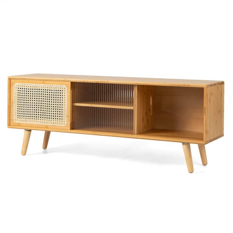 Modern TV Stand with Rattan and Glass Doors for Living Room Storage